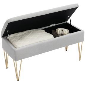 Banco pie de cama tapizado en lino sintético con patas de acero y asiento acolchado gris claro