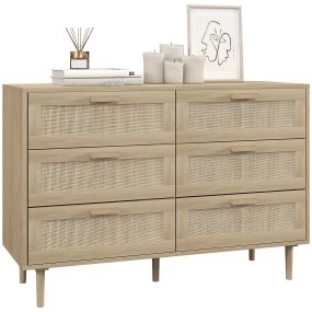 Cómoda 6 cajones frontal de ratán patas de madera 110x40x75 cm roble