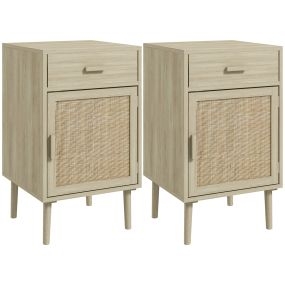 Juego de 2 mesitas de noche con cajón de ratán y estante ajustable 40x40x68,5 cm roble