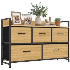 Mueble Organizador Cajonera de Tela con Cajones Plegables Estante Abierto y Marco de Acero Estilo Industrial para Salón Recibidor Dormitorio 98x29x63 cm, Roble