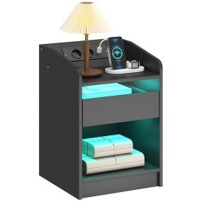 Mesita de noche con estación de carga, luz LED RGB, cajón, estante abierto, USB y mando, 40x40x58 cm, negro