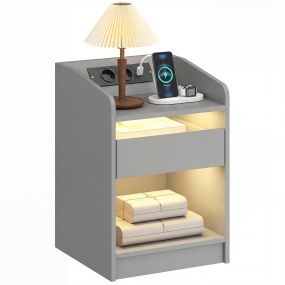 Mesita de noche con estación de carga, luz LED RGB, cajón, estante abierto, USB y control remoto, gris, 40x40x58 cm