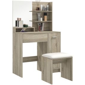 Tocador de maquillaje con taburete, espejo, estantes abiertos, cajón y estante ajustable, natural