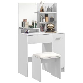 Tocador de maquillaje con taburete, espejo, estantes abiertos, cajón y estante ajustable, blanco