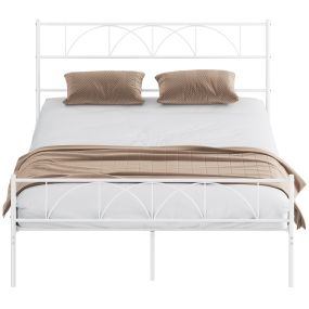 Cama de matrimonio 160x200 cm de acero con cabecero, soporte de listones y almacenamiento, blanco