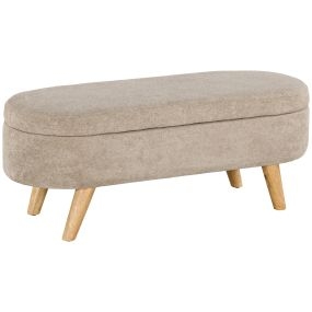 Banco Pie de Cama, Puff Almacenaje Tapizado en Terciopelo de Teddy con Patas de Madera y Asiento Acolchado, Banco de Almacenaje Ovalado para Dormitorio, Entrada, Pasillo, Beige