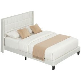 Cama Tapizada 135x190 cm con Cabecero Acolchado con Orejas y Almacenaje Inferior, Marco de Cama Doble con Somier de Lamas de Madera, Diseño Moderno, Fácil Montaje, Beige