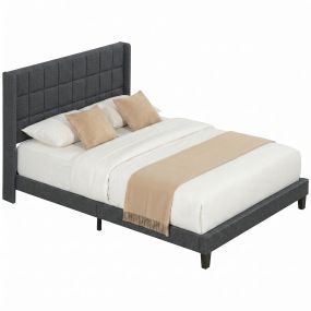 Cama Tapizada 135x190 cm con Cabecero Acolchado con Orejas y Almacenaje Inferior, Marco de Cama Doble con Somier de Lamas de Madera, Diseño Moderno, Fácil Montaje, Gris