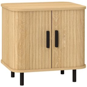 Mesita de noche estilo escandinavo con puertas correderas, 2 estantes, patas de acero, roble 48x40x48 cm