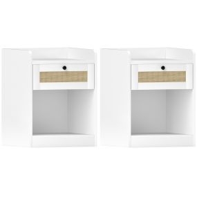 Juego de 2 mesitas de noche con cajón frontal de ratán 40x40x53 cm blanco
