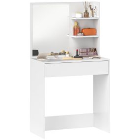 Tocador de maquillaje con espejo, cajón y 3 estantes abiertos, blanco para espacios pequeños