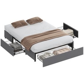 Cama doble 140x190 cm con estructura de metal, somier, 3 cajones, gris, carga 363 kg