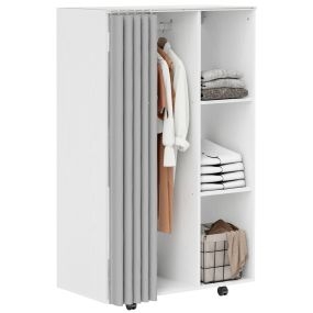 Armario ropero con ruedas y cortina, barra para colgar, 3 estantes, 80x40x128 cm, blanco