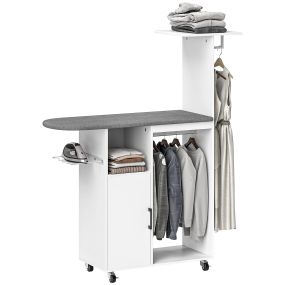 Mueble de Planchar con Ruedas y Soporte Lateral Mueble de Planchado con Tabla de Planchar Barra para Ropa Estante Ajustable 127,5x43,5x153 cm Blanco