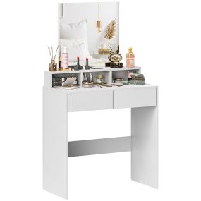 Tocador de maquillaje con espejo, 2 cajones, 3 compartimentos, 75x38x135 cm, blanco