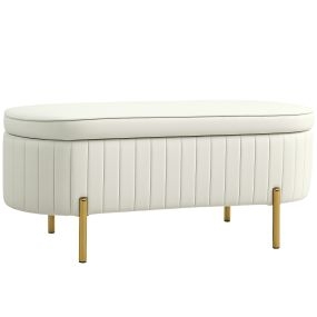 Banco Pie de Cama Tapizado en Terciopelo Puff Almacenaje con Espacio de Almacenaje y Patas Doradas Banqueta para Dormitorio Entrada 107x42x45,5 cm Blanco Crema