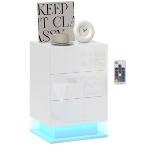 Mesita de Noche con Tira de Luz LED Multicolor Variable Mesa Auxiliar con 3 Cajones Estilo Moderno Mesilla de Noche para Dormitorio Salón Blanco Brillo 40x35x60 cm