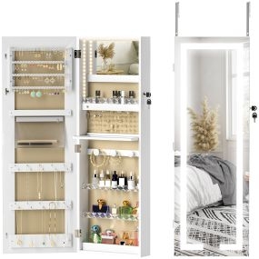 Espejo joyero de pared con luces LED y cerradura blanco con forro crema