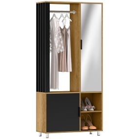 Armario dormitorio con puerta espejo, barra para colgar, 2 compartimentos, 80x30x170 cm, natural y negro