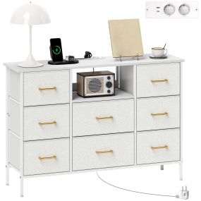 Cómoda con 8 Cajones Tapizado en Borreguito Cajonera de Tela con Estación de Carga Puerto USB Tipo-C y Estructura de Acero Cómoda para Dormitorio Pasillo Crema