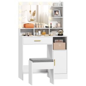 Tocador de maquillaje con luces LED y taburete, espejo, 10 bombillas, cajón y estantes, blanco