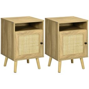 Conjunto de 2 Mesitas de Noche Mesillas de Noche con Puertas de Ratán Compartimientos Abiertos y Antivuelco Mesas Auxiliares para Dormitorio Salón 39x35x60 cm Natural