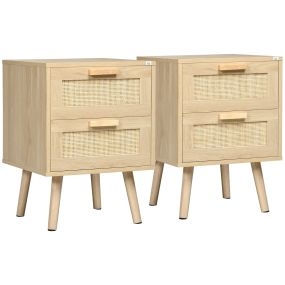 Conjunto de 2 Mesitas de Noche de Diseño Boho Mesillas de Noche con Cajones de Rejilla de Mimbre y Patas de Madera para Salón Dormitorio 40x40x56 cm Natural