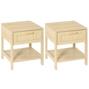 Conjunto 2 Mesitas de Noche Mesillas de Noche con Cajón de Ratán y Estante Inferior Carga 40 kg para Dormitorio Sala 40x40x48 cm Natural