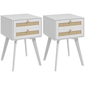 Conjunto de 2 mesitas de noche estilo cannage con 2 cajones y ratán 40x40x60 cm blanco