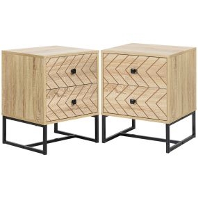 Conjunto de 2 Mesitas de Noche Mesillas de Noche con 2 Cajones y Patas de Metal Estilo Moderno para Dormitorio Salón Oficina 48x39,5x60 cm Natural