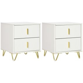 Conjunto de 2 Mesitas de Noche Modernas Mesillas de Noche con 2 Cajones y Patas de Metal Carga 40 kg Mesitas Auxiliares para Salón Dormitorio 40x40x47 cm Blanco