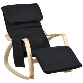 Silla Mecedora con Reposapiés Ajustable en 5 Posiciones, Sillón Mecedora con Bolsillo Lateral, Reposabrazos de Madera, Reposacabezas Acolchado, Asiento Amplio, para Salón, Dormitorio, Negro