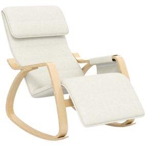 Silla Mecedora con Reposapiés Ajustable en 5 Posiciones, Sillón Mecedora con Bolsillo Lateral, Reposabrazos de Madera, Reposacabezas Acolchado, Asiento Amplio, para Salón, Dormitorio, Crema