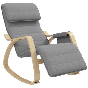 Silla Mecedora con Reposapiés Ajustable en 5 Posiciones, Sillón Mecedora con Bolsillo Lateral, Reposabrazos de Madera, Reposacabezas Acolchado, Asiento Amplio, para Salón, Dormitorio, Gris