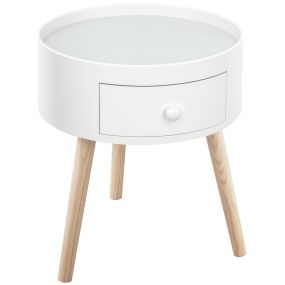 Mesita de Noche con 1 Cajón Mesa Auxiliar Redonda con Borde Elevado y 3 Patas de Madera para Dormitorio Sala de Estar Estilo de Moderno Ø38x45 cm Blanco
