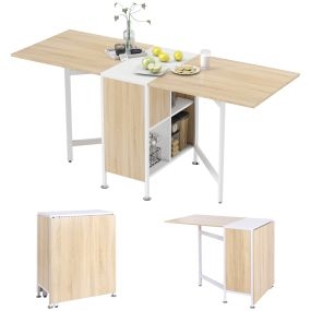 Mesa de comedor plegable con alas abatibles, 4 compartimentos, roble y blanco, 169x60x75 cm