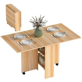 Mesa de comedor plegable de teca con ruedas, alas abatibles y estantes 80x140x74 cm