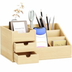 Organizador de escritorio de bambú con 2 cajones, 6 compartimentos y estante 33x20,5x15,5 cm natural