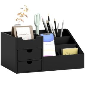 Organizador de escritorio de bambú negro con 2 cajones, 6 compartimentos y estante 33x20,5x15,5 cm