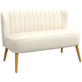 Sofá de 2 plazas tapizado en lino sintético, blanco crema, patas de madera de caucho, 220 kg