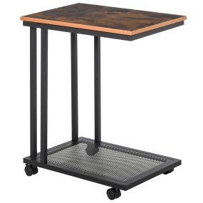 Mesa lateral en forma de C con ruedas para sofá, salón y dormitorio, estilo industrial retro, metal y madera, 51x36x65 cm, natural y negro