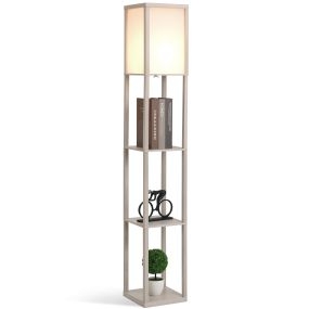 Lámpara de pie de madera con estantes, bombilla E27, roble, para salón, dormitorio y oficina
