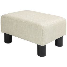 Reposapiés bajo tapizado en lino beige con estructura de madera para salón y dormitorio