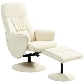 Sillón relax reclinable giratorio 360° de cuero sintético crema con reposapiés