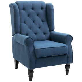 Sillón orejero moderno azul con reposabrazos y patas de madera, carga 160 kg