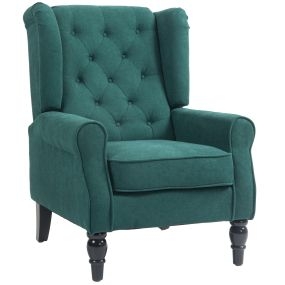 Sillón orejero moderno verde oscuro con reposabrazos y patas de madera, carga 160 kg