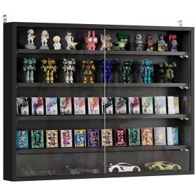 Vitrina expositora de pared de 5 niveles con estantes ajustables y 2 puertas correderas de vidrio, 80x9,5x60 cm, negro