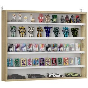 Vitrina expositora de pared de 5 niveles con estantes ajustables y 2 puertas correderas de vidrio, 80x9,5x60 cm, blanco y roble