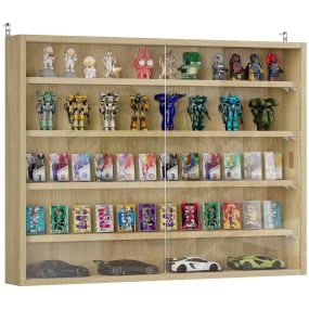 Vitrina expositora de pared de 5 niveles con estantes ajustables y 2 puertas correderas de vidrio, 80x9,5x60 cm, roble