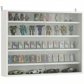 Vitrina expositora de pared de 5 niveles con estantes ajustables y 2 puertas correderas de vidrio, 80x9,5x60 cm, blanco